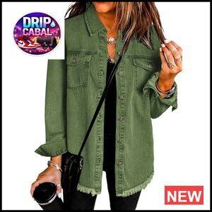Oversized Denim Shacket with Frayed Hem and Pockets, Women's Button Up Jacket